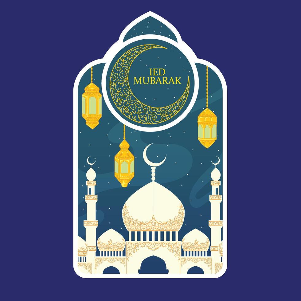 Ramadan sticker with a mosque background and Eid Mubarak greeting, perfect for festive and creative designs. vector