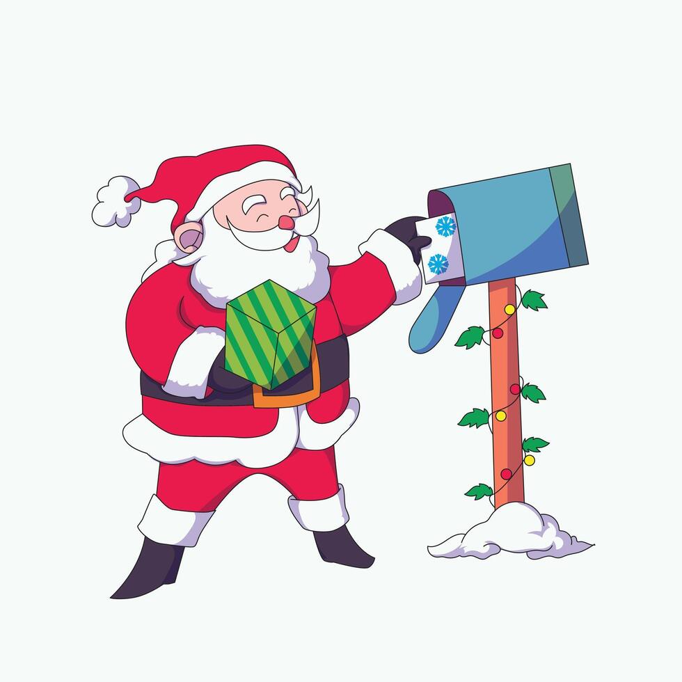 Santa Claus delivering gifts, placing presents in a mailbox, festive Christmas scene full of holiday cheer. vector