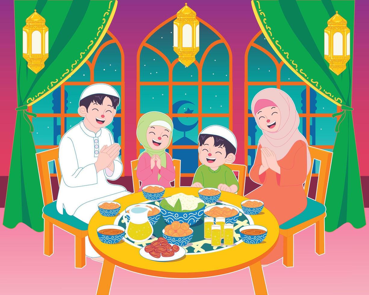 Ramadan family iftar with food, Islamic decor, large window, and mosque in the background. vector