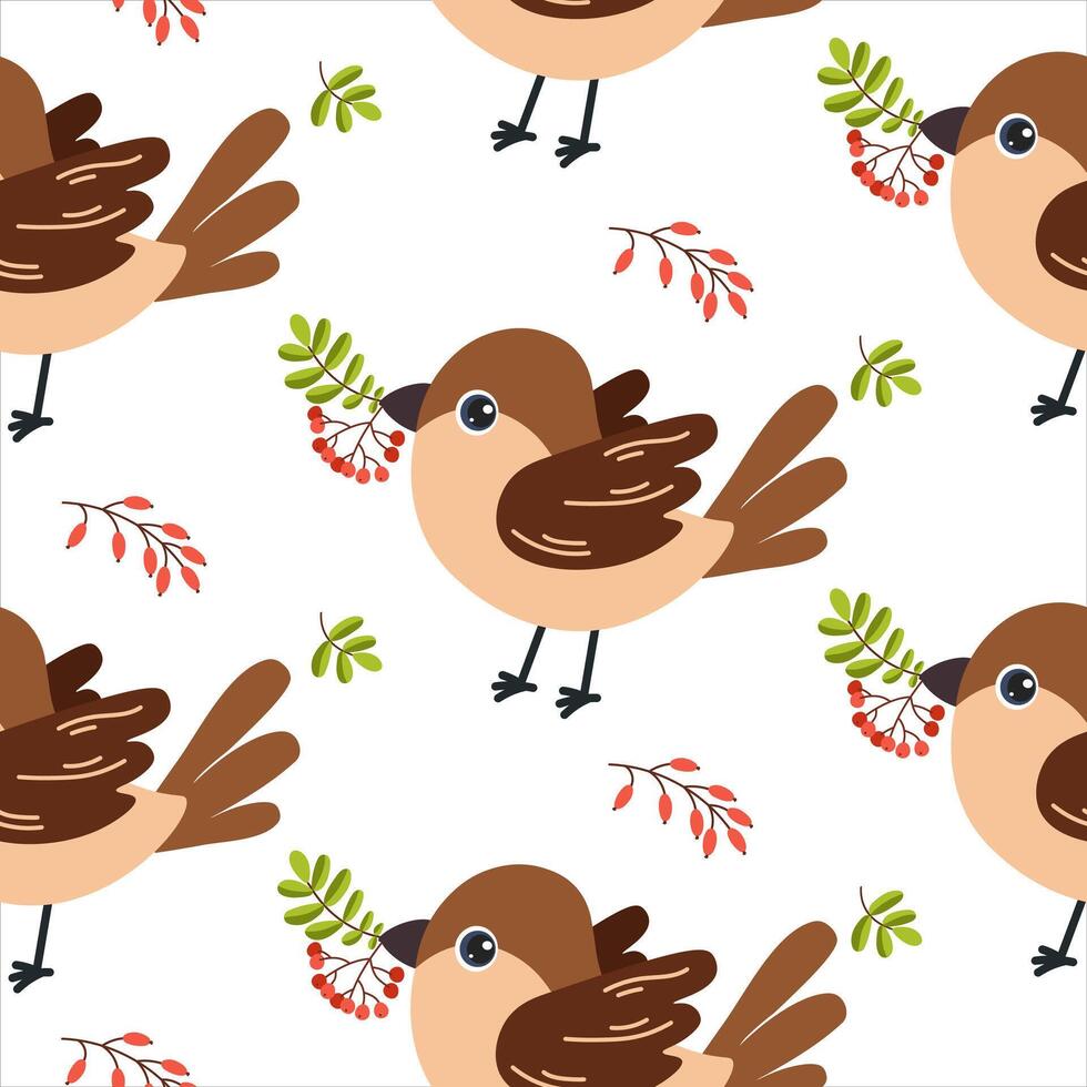 Colorful birds with berries on a white background in a playful design vector
