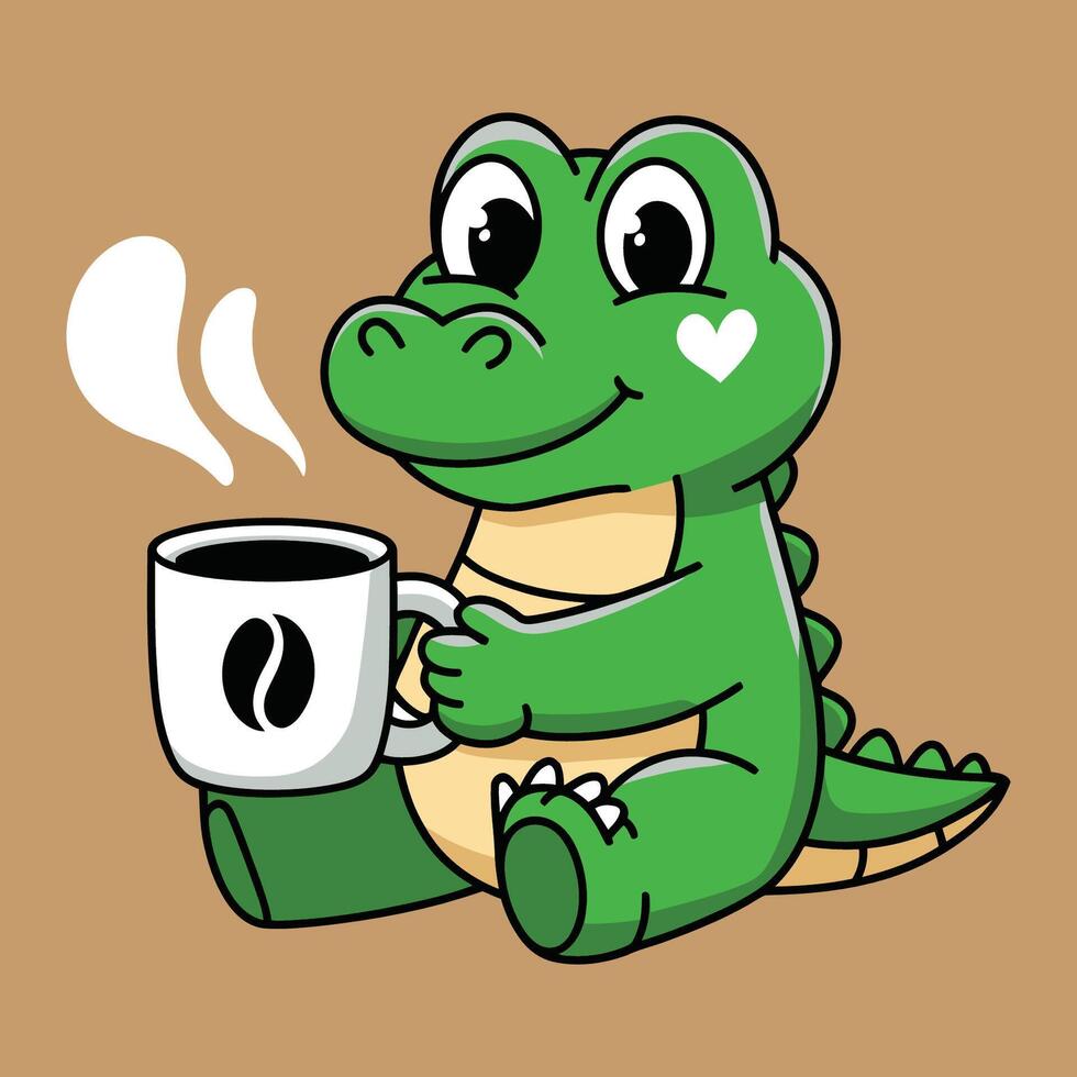 Cute Crocodile Drinking Coffee, a Cartoon Illustration for Kids. vector