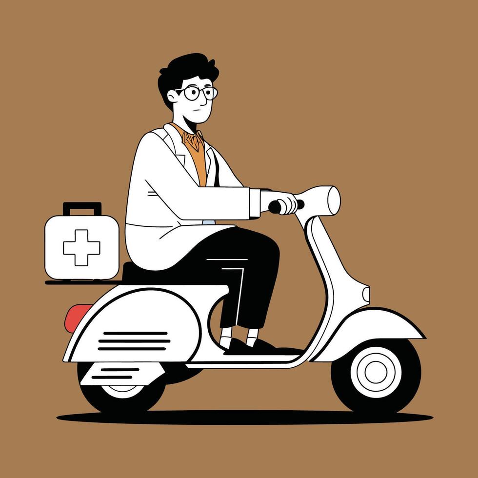Doctor Riding a Scooter with Medical Kit - Illustration vector