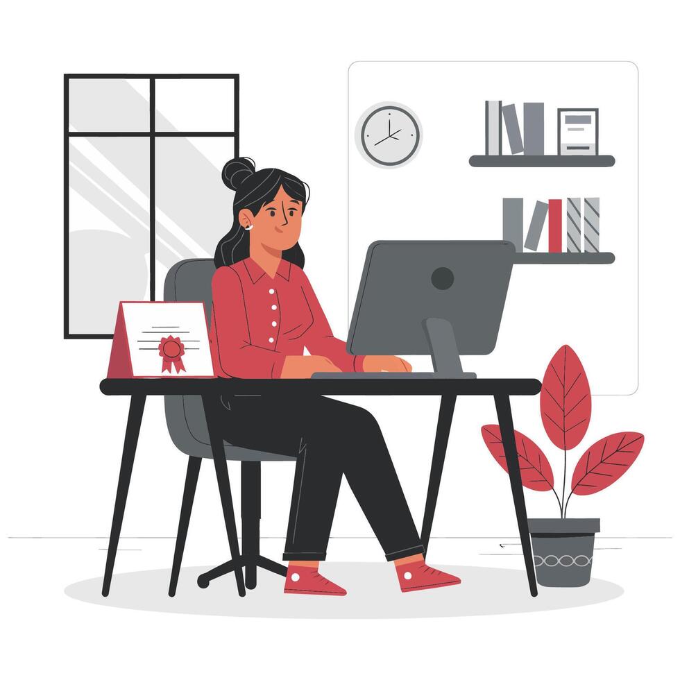 Woman Working at a Computer with Certificate, Modern Office Setting vector