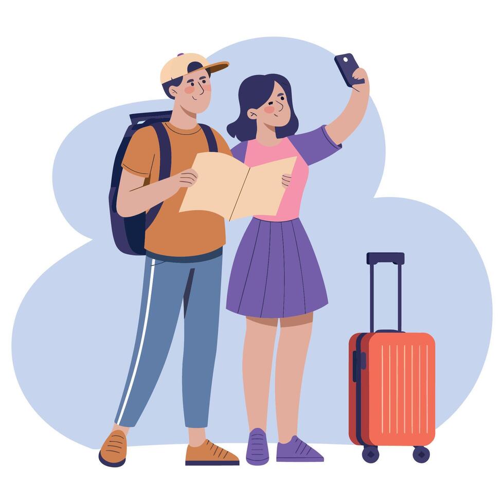 Happy Couple Taking a Selfie While Planning Their Trip vector