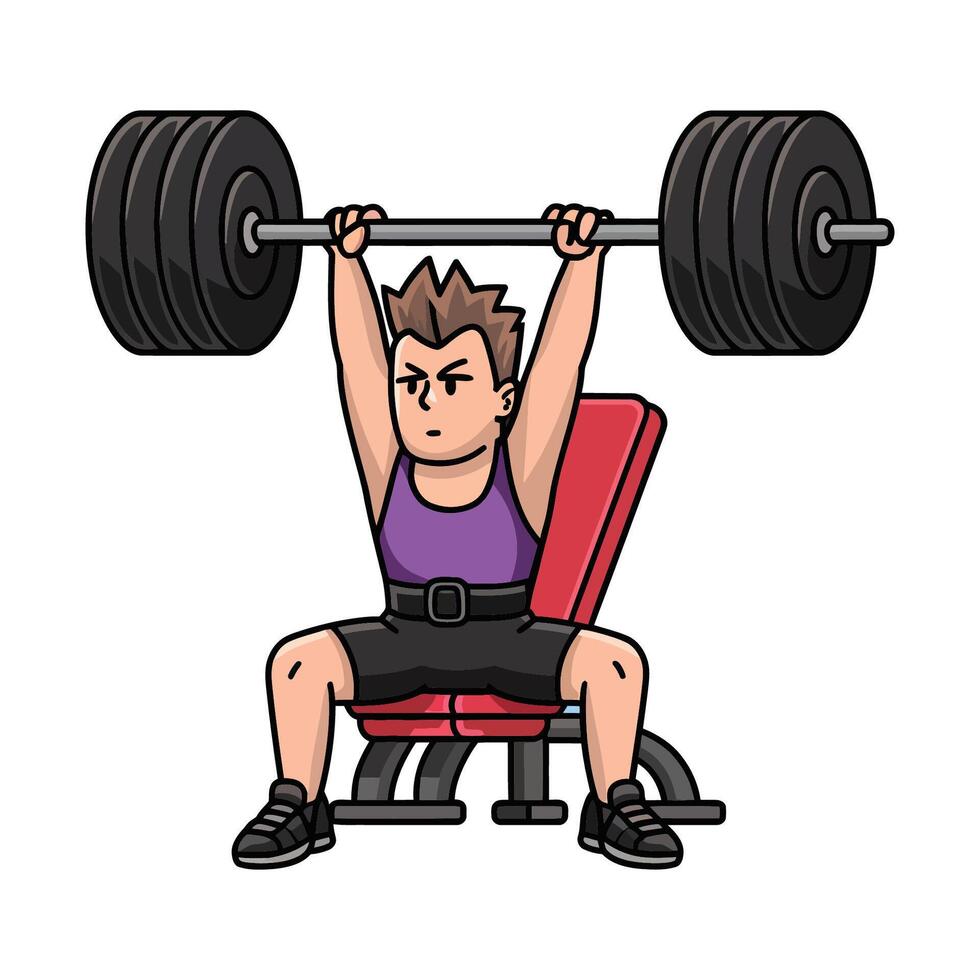 Cartoon Illustration of a Man Performing a Barbell Overhead Press vector