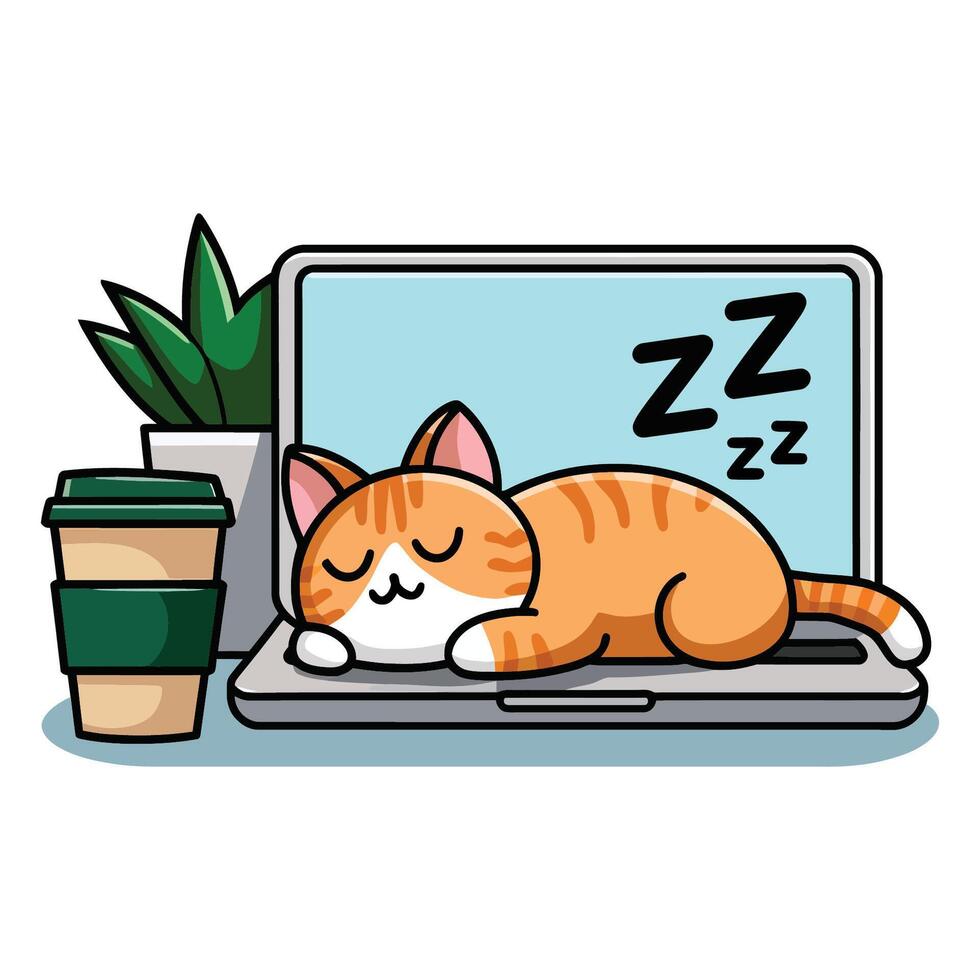 Cute Cat Napping on a Laptop with Coffee vector