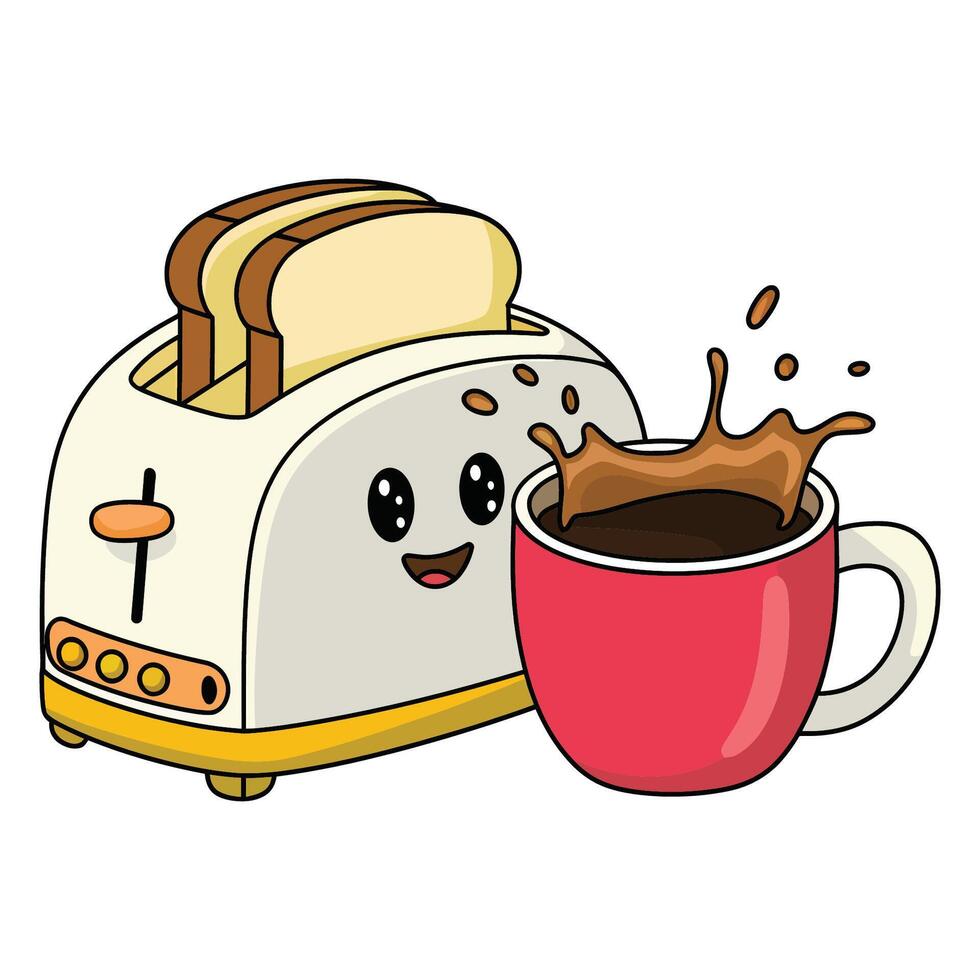 Cute cartoon toaster and coffee with splash, perfect for breakfast graphics vector