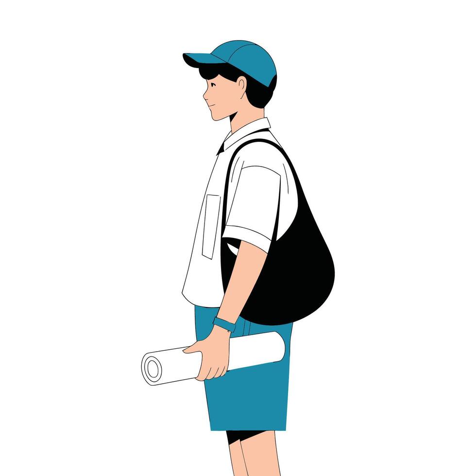 Side View of a Student with a Backpack and Plans vector