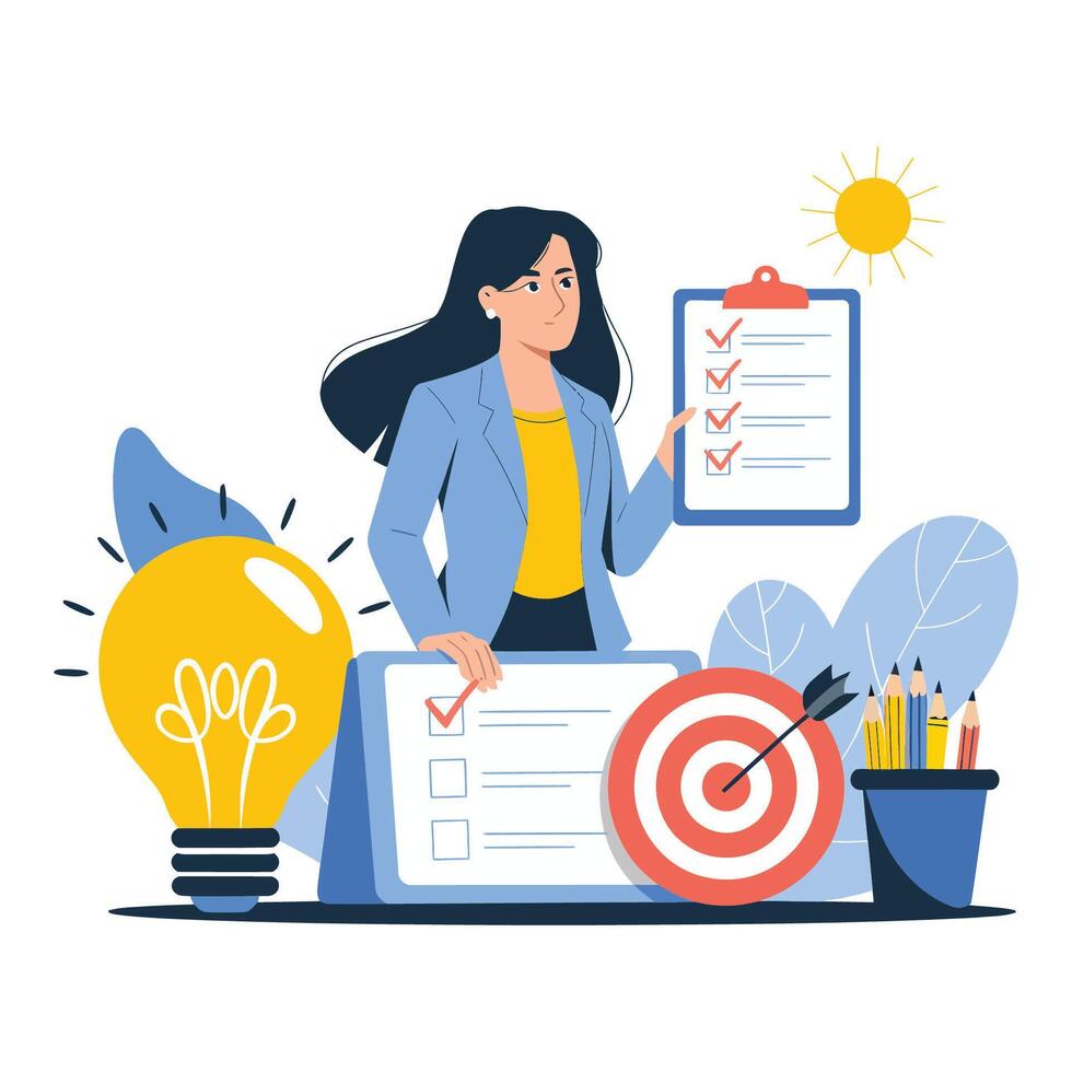 Businesswoman Planning and Achieving Goals with Checklist and Target vector