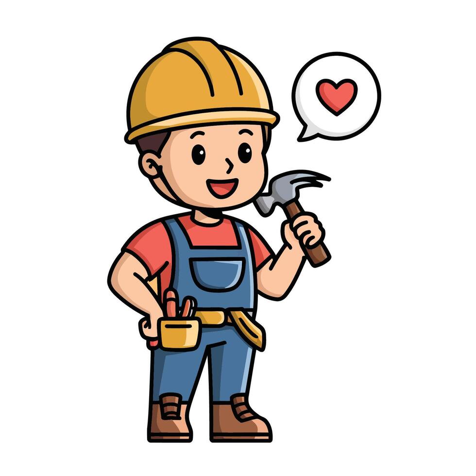 Cheerful Cartoon Construction Worker Holding a Hammer vector