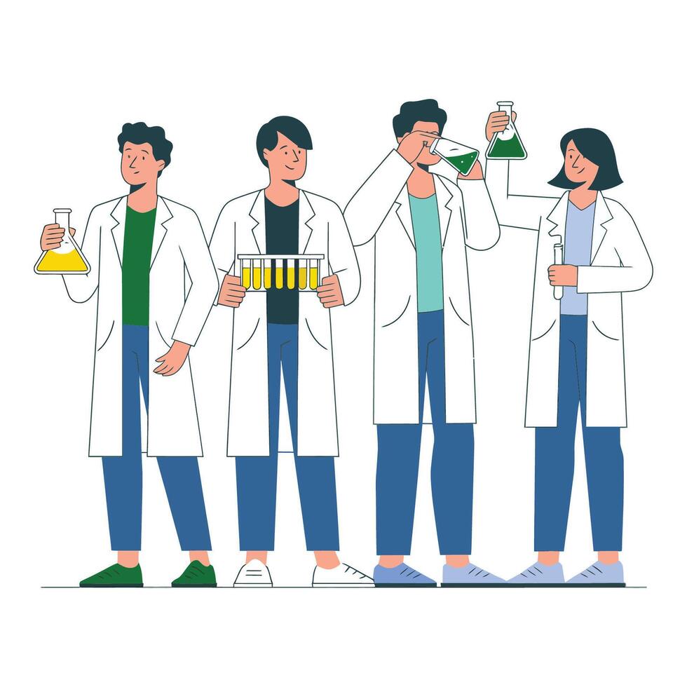 Four Scientists in Lab Coats Working Together vector