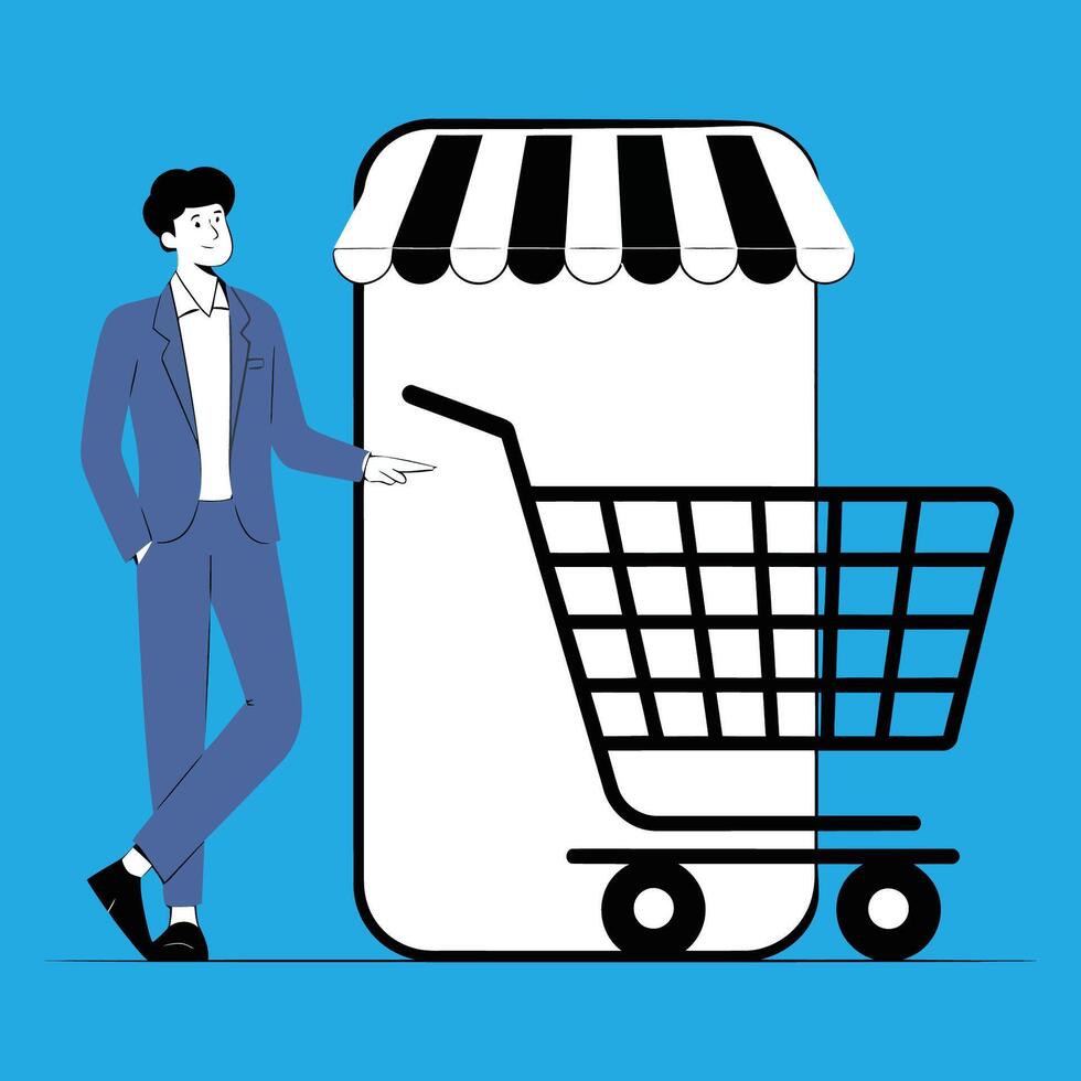 Businessman Points to Online Shopping Cart on Smartphone vector