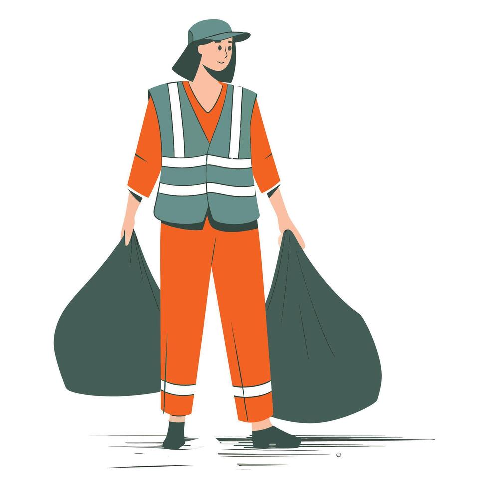 Smiling woman sanitation worker carrying trash bags vector