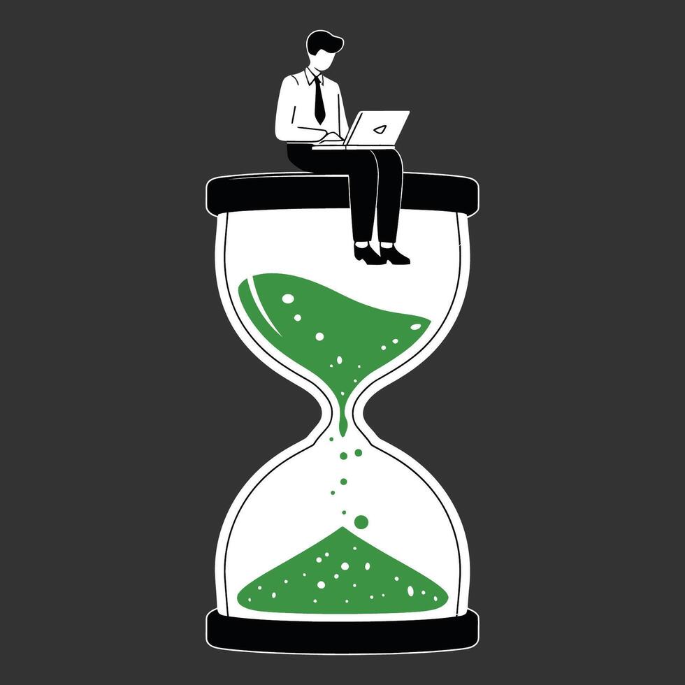 Businessman Working on Laptop on Top of an Hourglass, Depicting Time Management vector