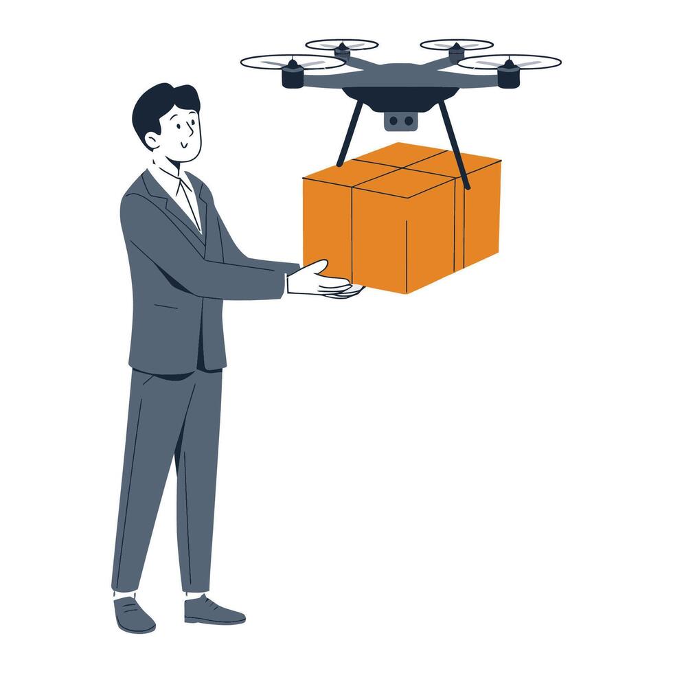 Businessman Receives Package Delivered by Drone vector