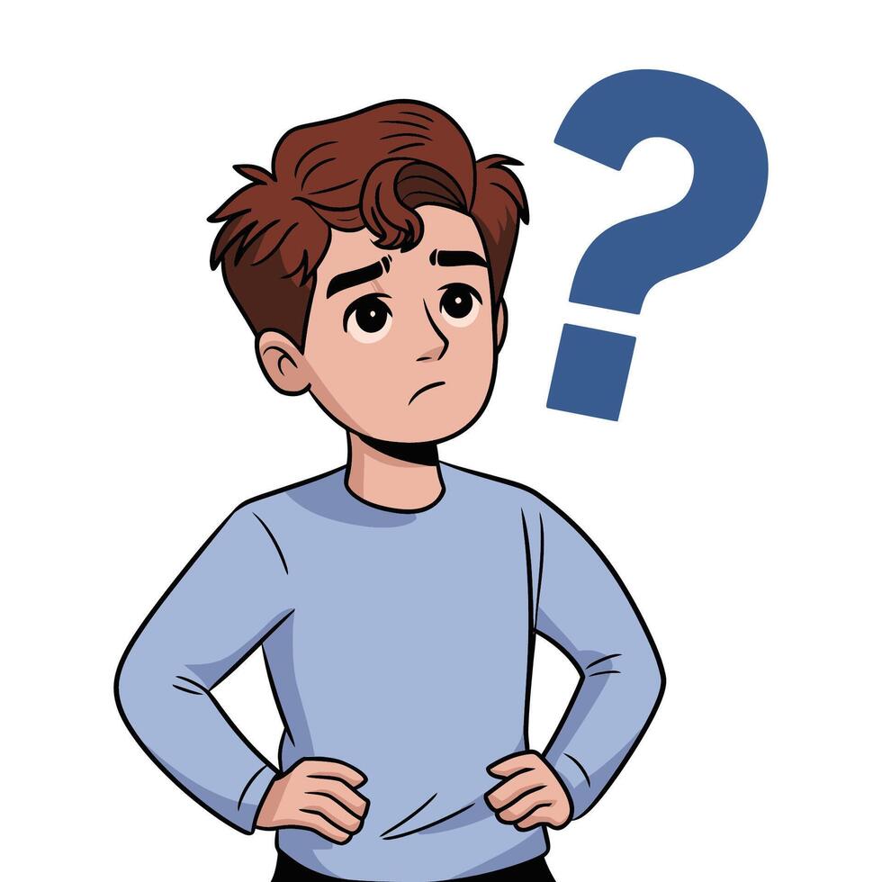 Cartoon Boy with Question Mark, Pondering vector