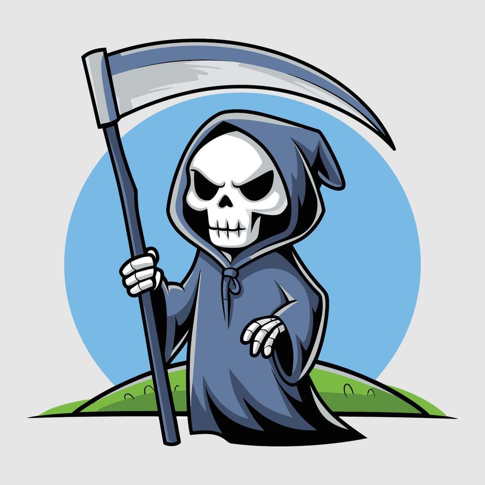 Cute Cartoon Grim Reaper with Scythe, Perfect for Halloween or Spooky Decor vector