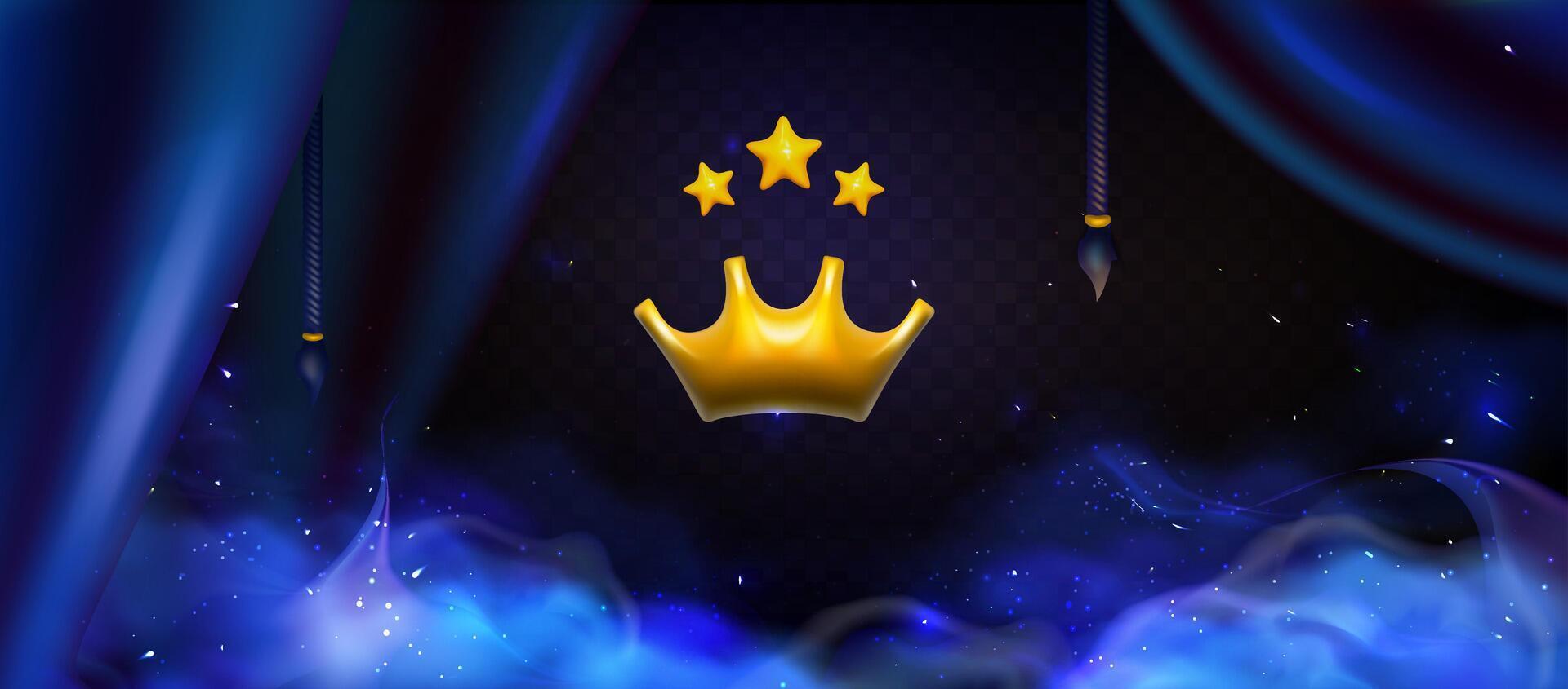 3d Royal Award. Crown with stars award with luxurious blue silk draperies with tassel tieback for interior decoration. Blue Smoke background with twinkle neon particles on the a dark background vector