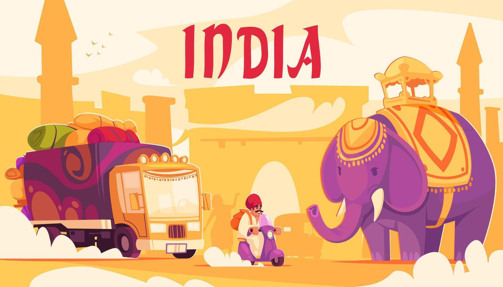 Vibrant Illustration of India with Elephant and Truck vector