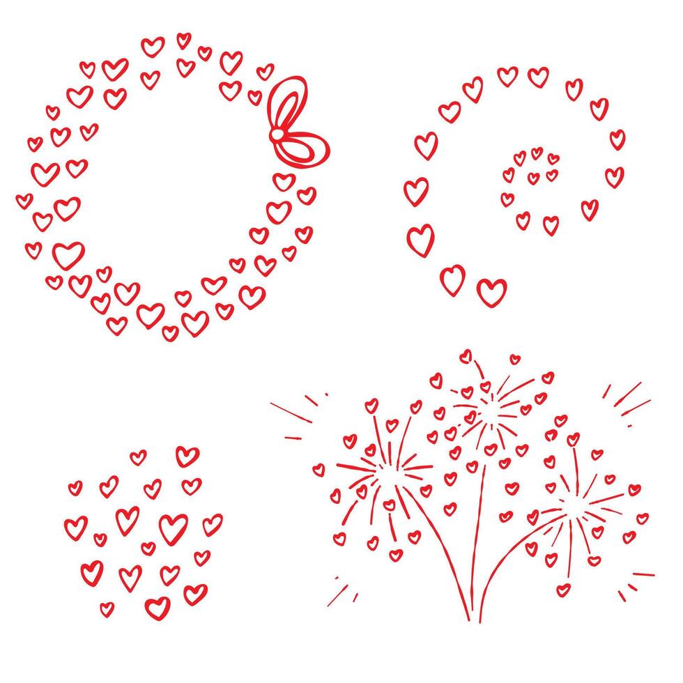 Unique Valentine Doodle Set. Love Wreath with ribbon knot, fireworks, spiral, hearts. Hand drawn unique contour elements, red line, isolated, white background. Valentines Day designs, gifts vector