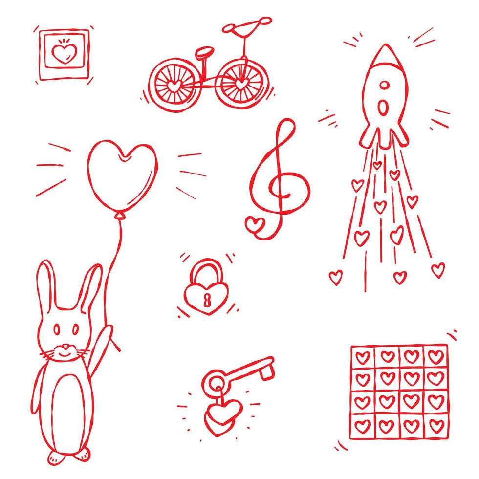 Unique Valentine Doodle Set. Hand drawn unique contour elements, red line, isolated, white background. Valentine s Day, honeymoon, web and digital design, postcards, stickers, gifts vector