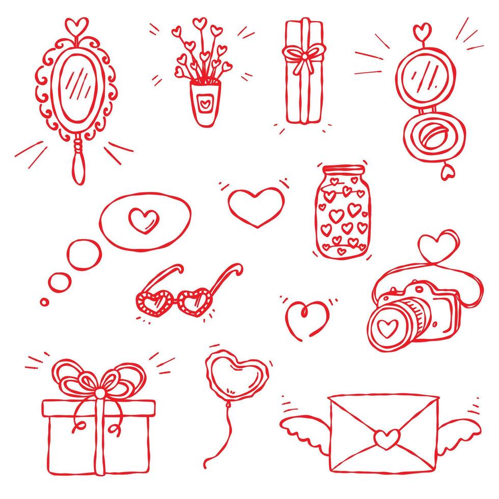 Unique Valentine Doodle Set. Beauty and Fashion. Hand drawn unique contour elements, red line, isolated, white background. Valentines Day, honeymoon, web and digital design, postcards, stickers, gifts vector