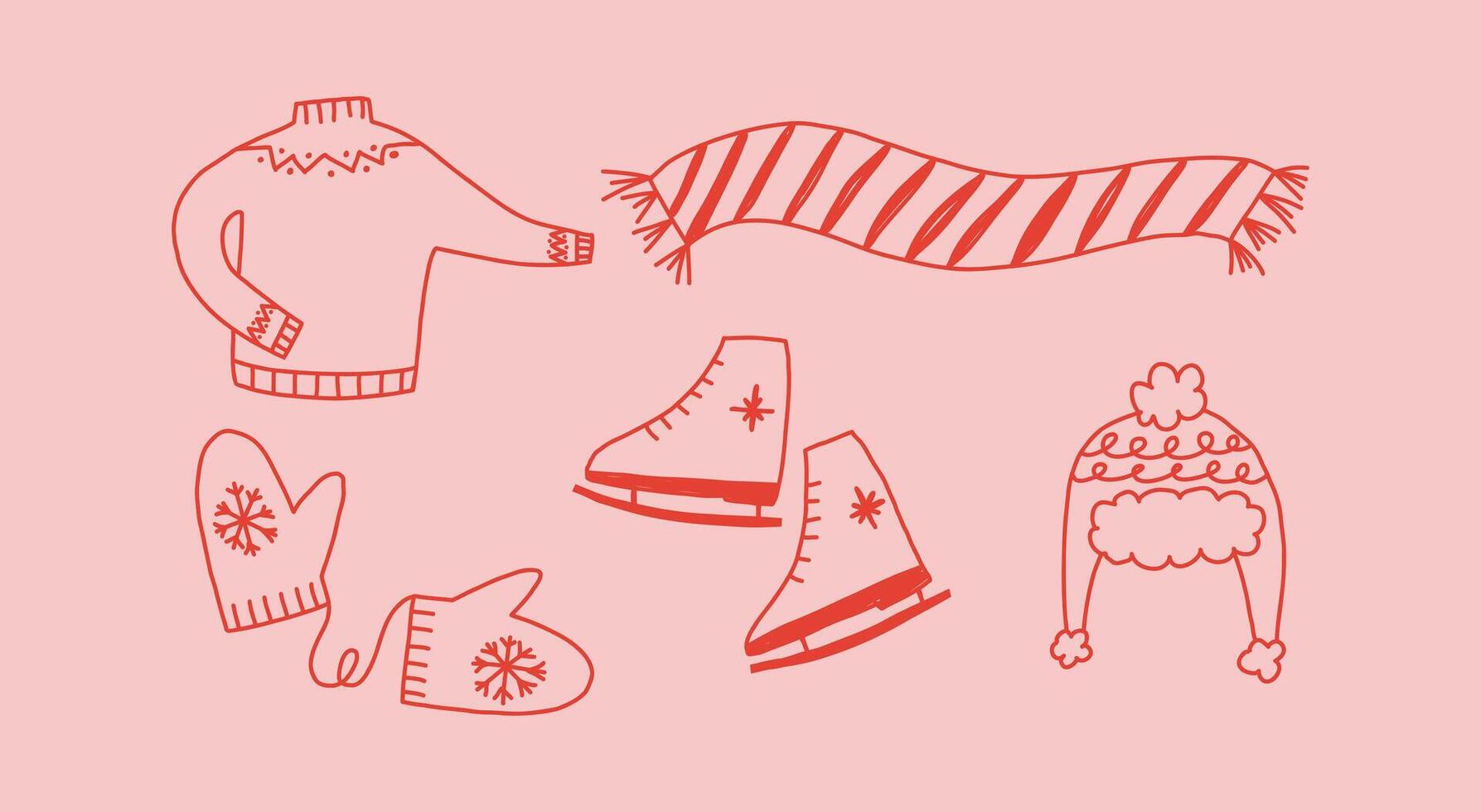 Set of warm winter clothes in cute doodle style, illustration. Hand drawn illustrations of scarf, sweater, hat, mittens and ice skates. vector