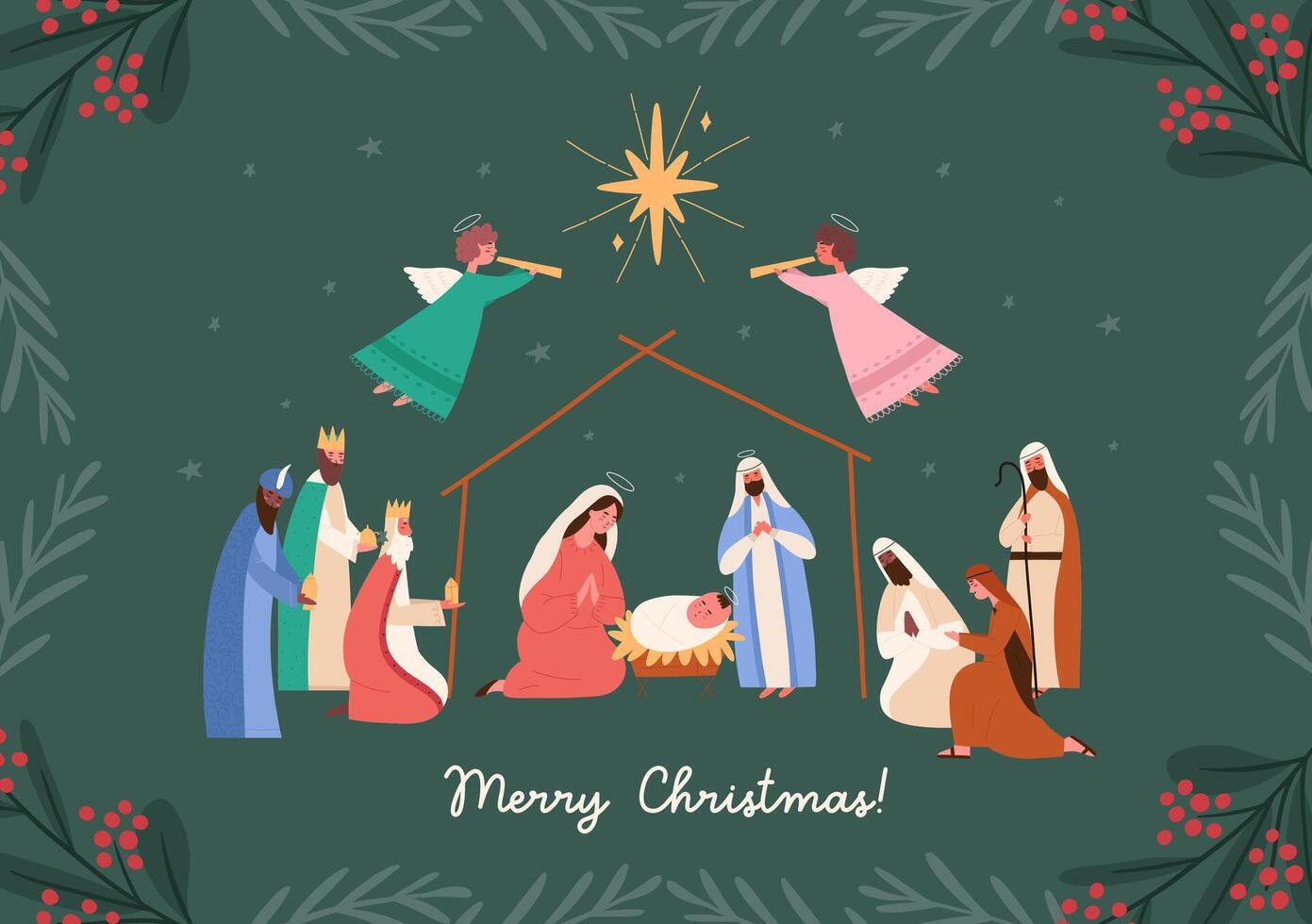 Horizontal Christmas greeting card with nativity scene, cartoon flat illustration. Baby Jesus with virgin Mary and Joseph, three shepherds and kings with gifts. vector