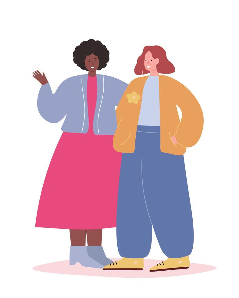 Two friends are talking and communicating. Different women exchange information. flat graphics. vector