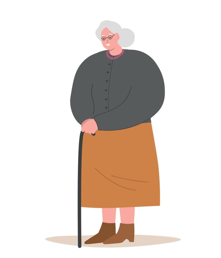 An elderly gray-haired woman with glasses in full height. An old woman stands with a cane. vector