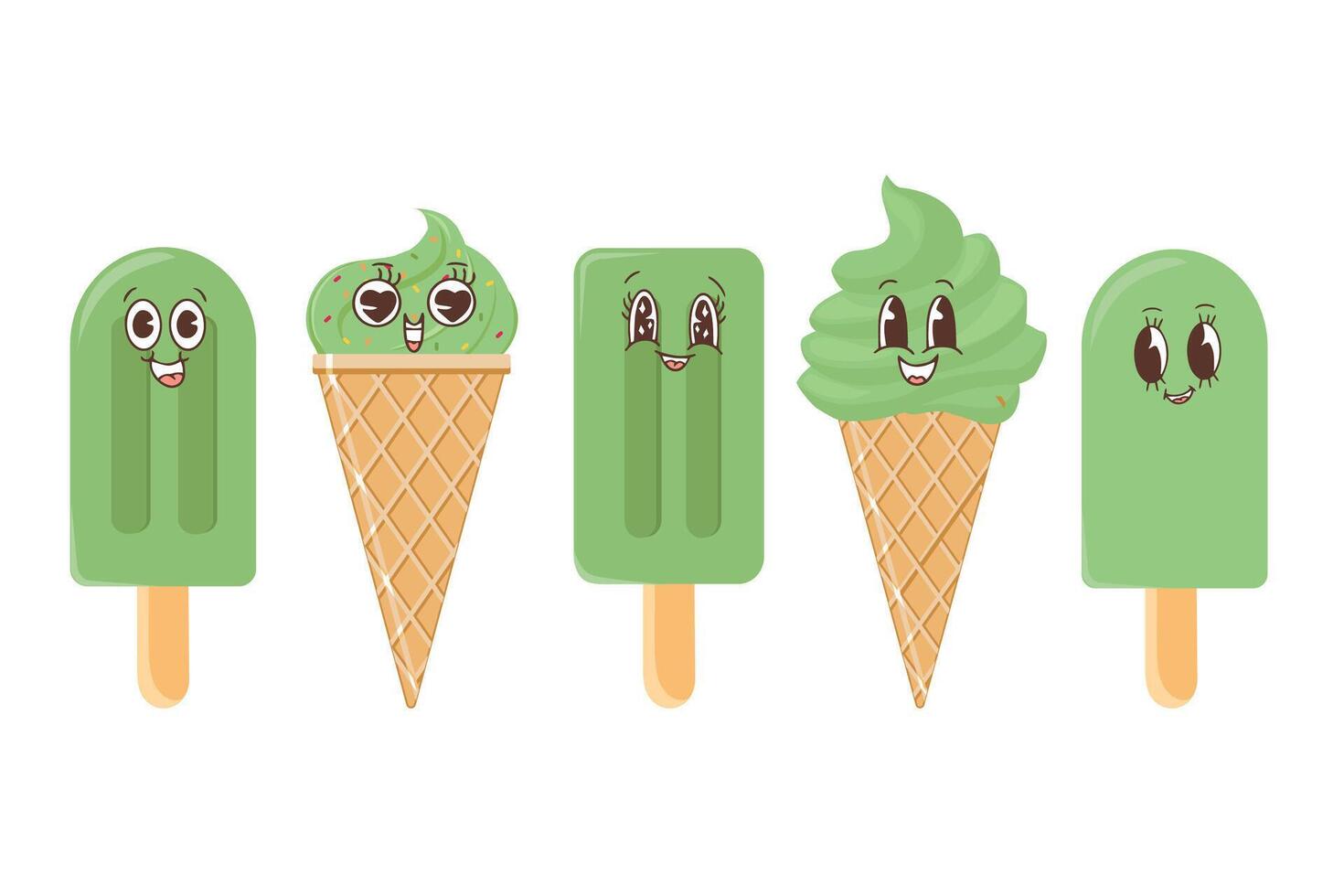 Hand drawn cute set of matcha green tea ice cream design. vector