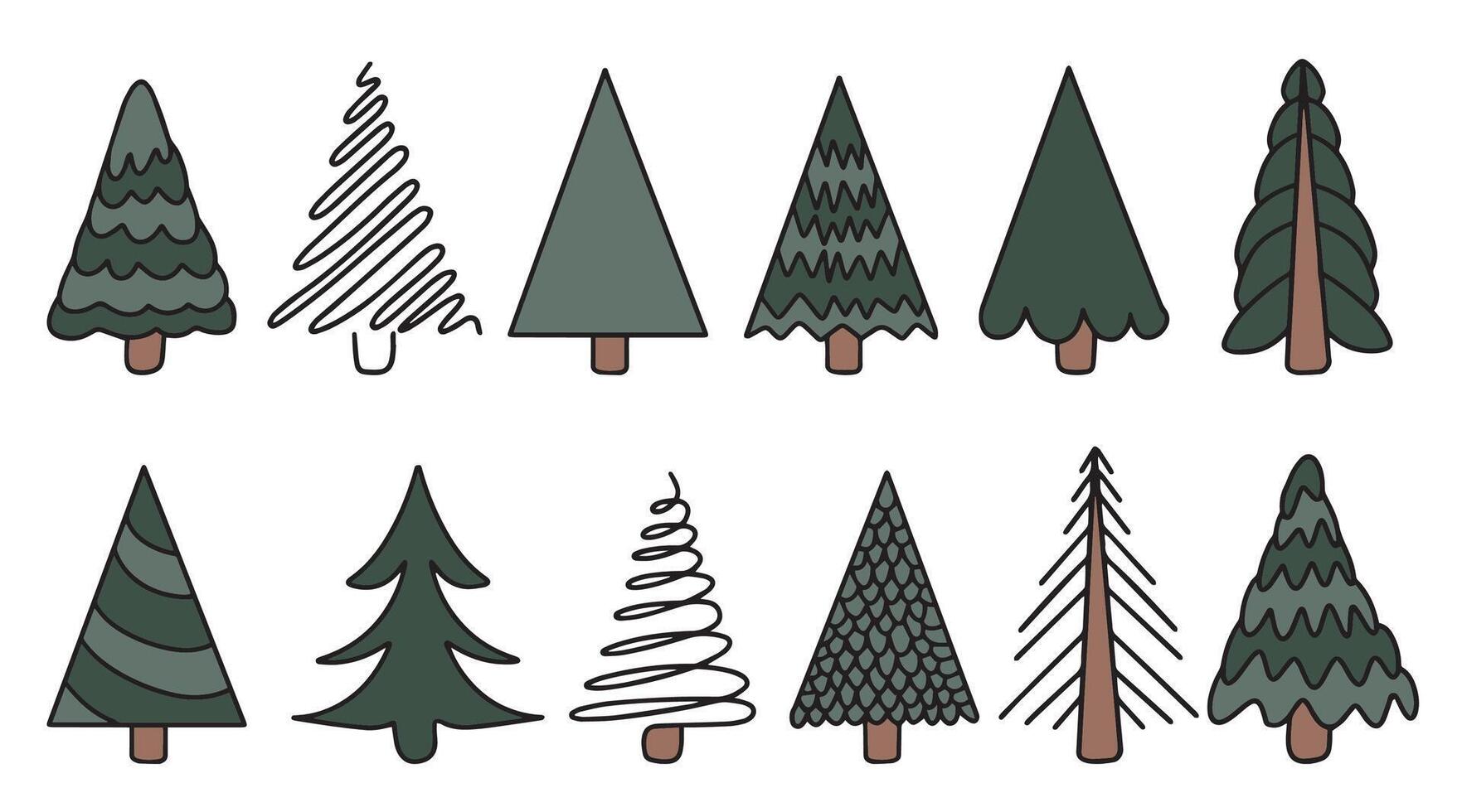 Set of hand drawn linear Christmas trees. Modern Christmas green trees in doodle style. Design for holiday greeting cards, packaging, decor. vector