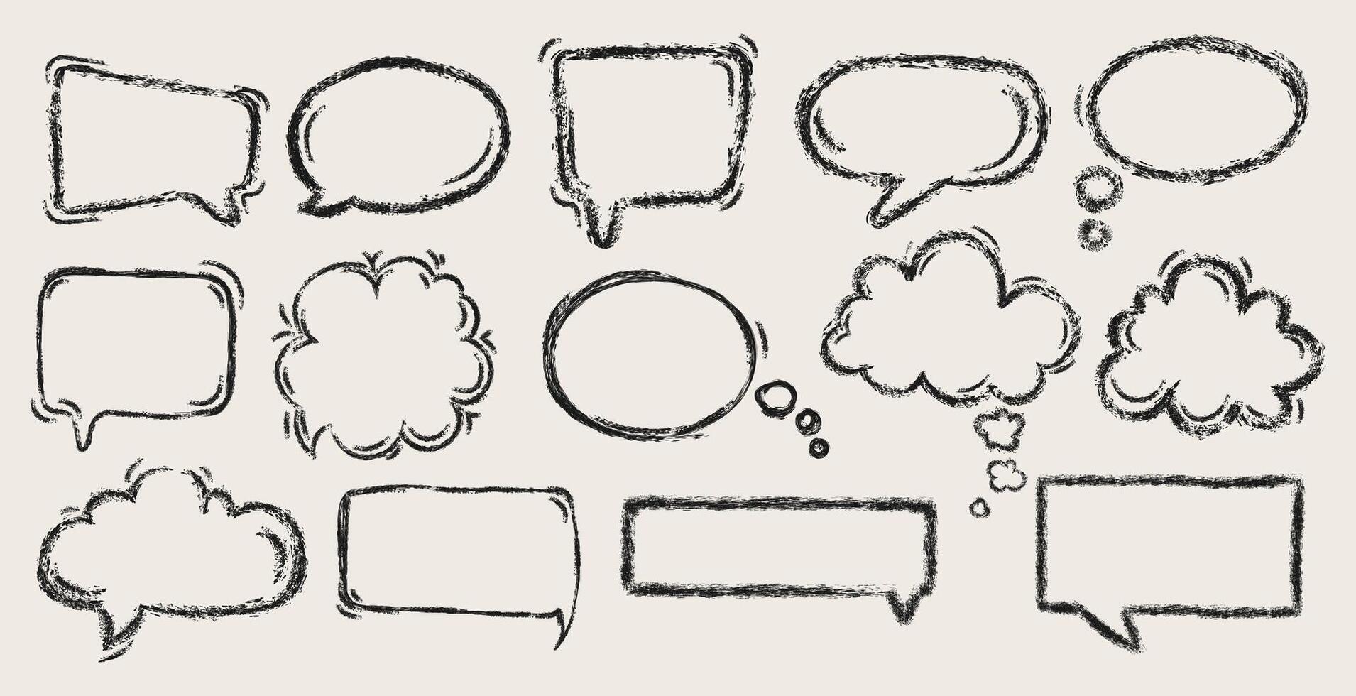 Speech bubbles Charcoal pencil drawing sketches set of different shapes.Crayon handwritten speech bubble doodles set. Speech sign dialog communication shapes. Funky grunge style. illustration vector