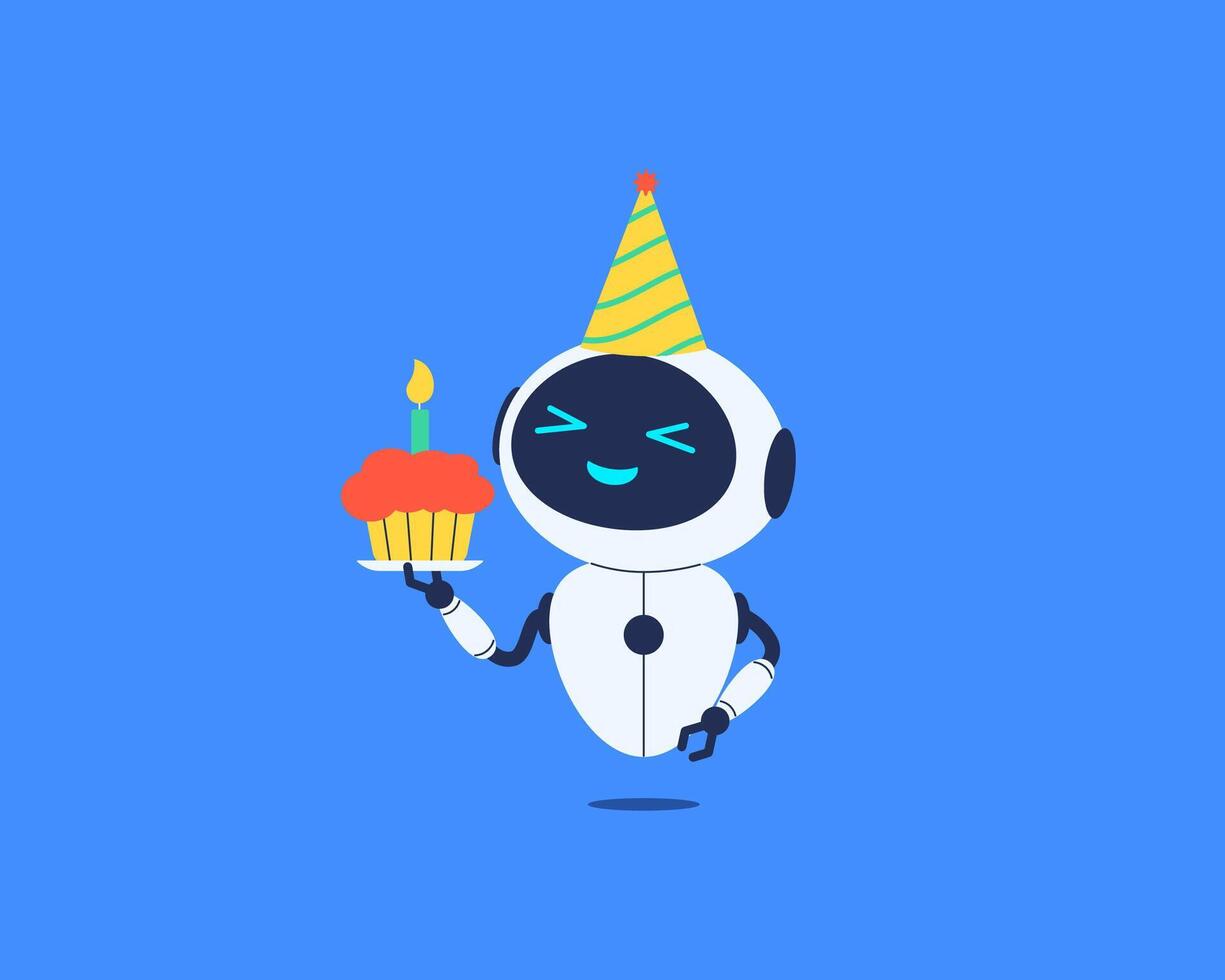 Cute smiling robot holding cupcake with candle. illustration for technology, AI or celebration designs vector