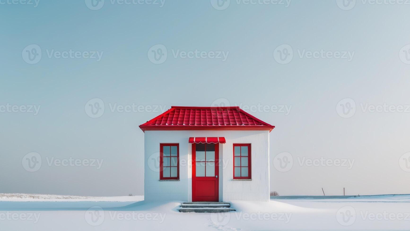 A small red and white building with a red roof and a red awning. photo