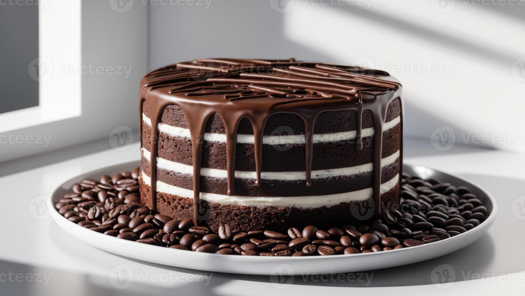 Chocolate layer cake with coffee beans and drizzle on plate photo