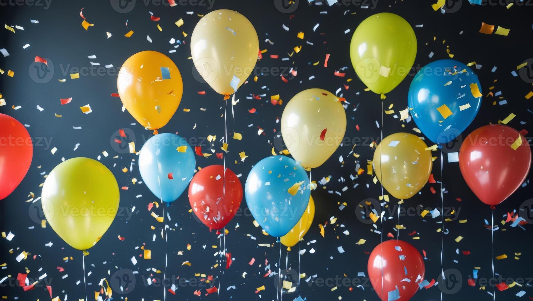 Colorful Balloons with Confetti on Black Background for Celebration photo