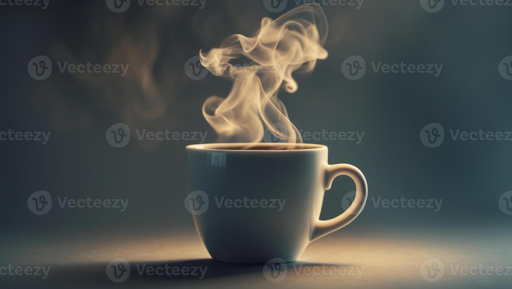 Warm cup of coffee emits steam in a dark setting with soft light highlighting the surfaceWarm cup of coffee emits steam in a dark setting with soft light highlighting the surface. photo