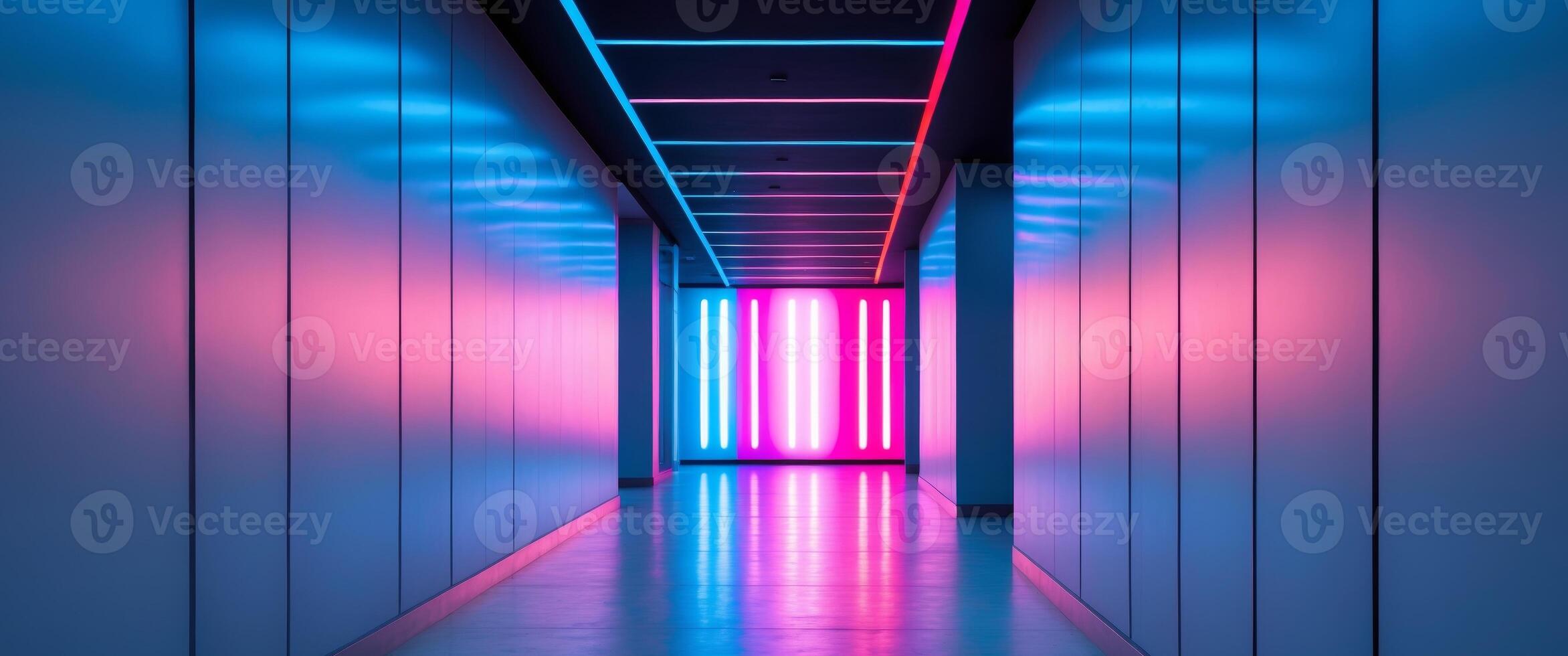 Vibrant neon light panels in modern hallway with colorful glowVibrant neon light panels in modern hallway with colorful glow. photo