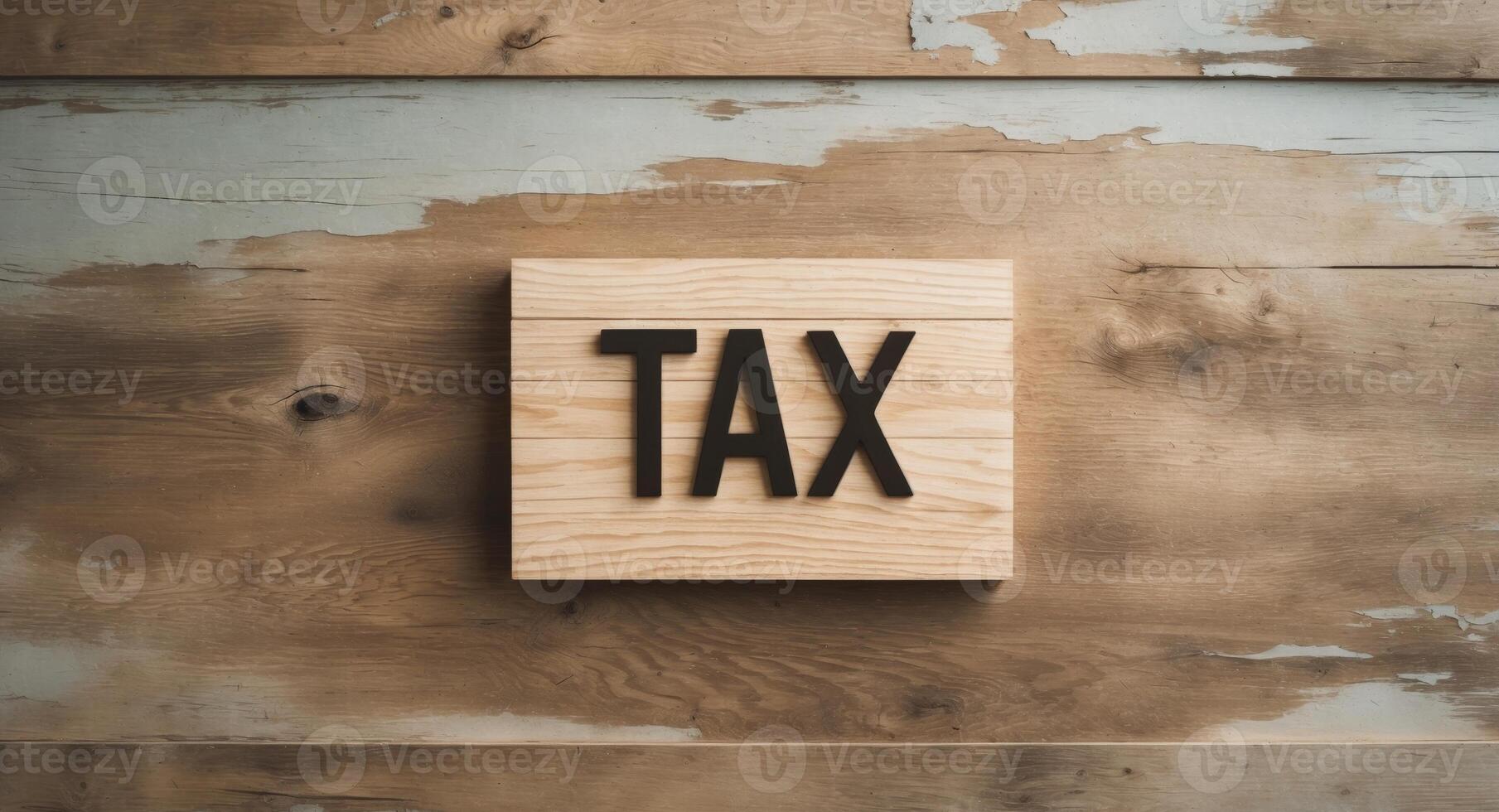 Wooden Tax Concept Sign on Rustic Background Representing Financial and Taxation Themes. photo