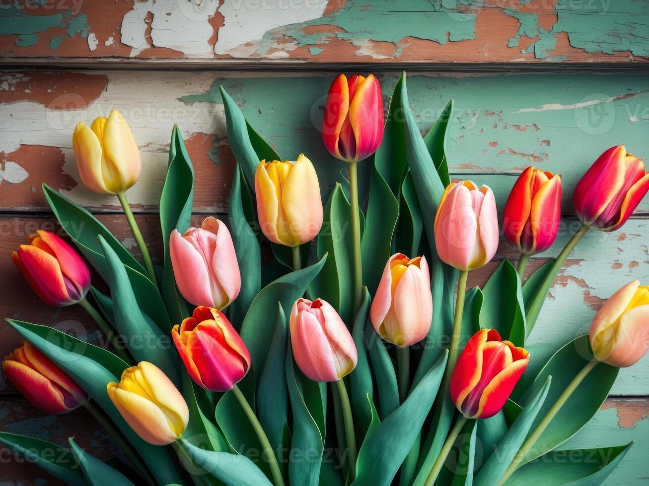 Colorful Bouquet of Fresh Tulips with Green Leaves on a Rustic Background photo