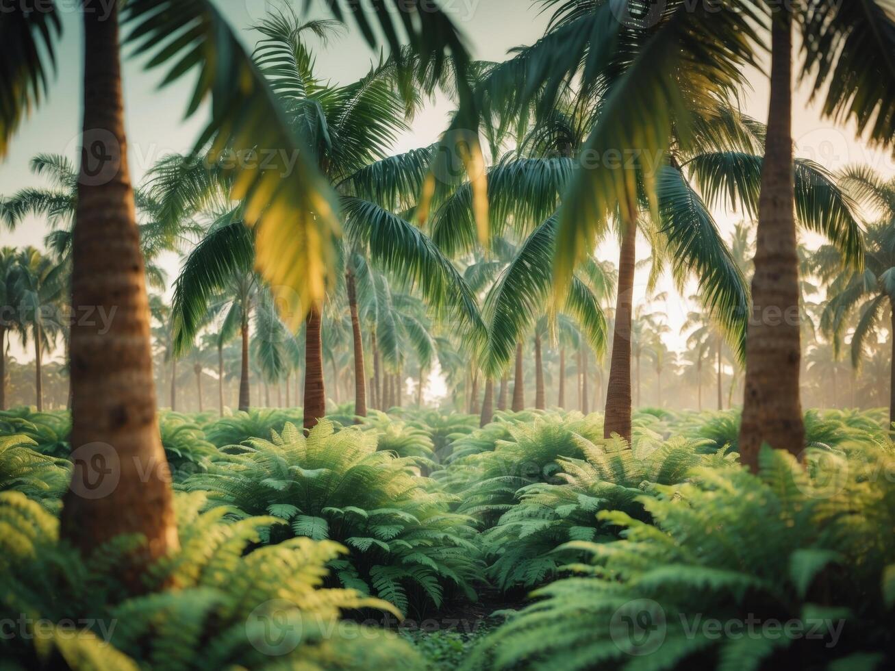 Palm Tree Plantation with Lush Green Ferns photo