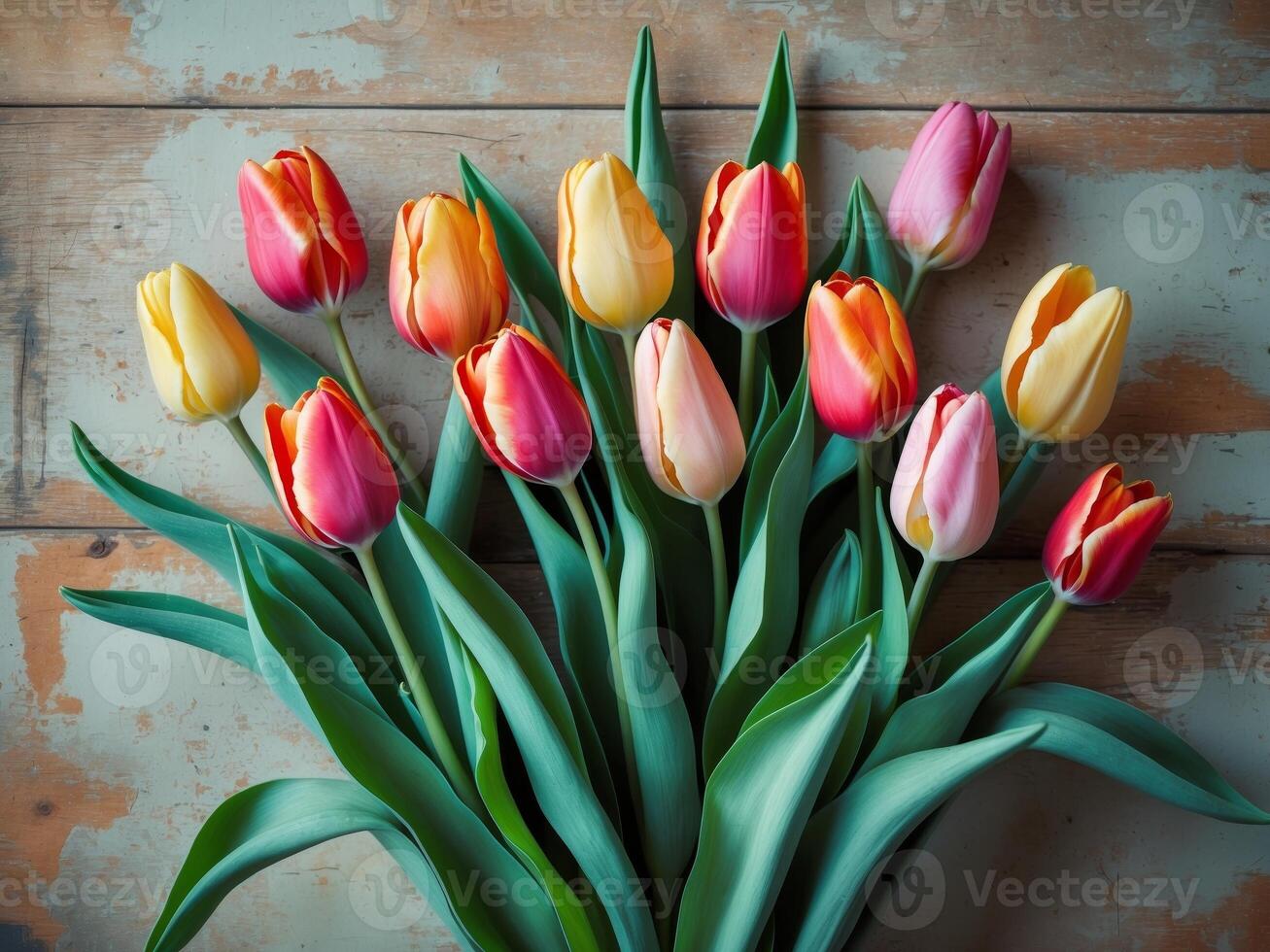 Colorful Bouquet of Fresh Tulips with Green Leaves on a Rustic Background. photo