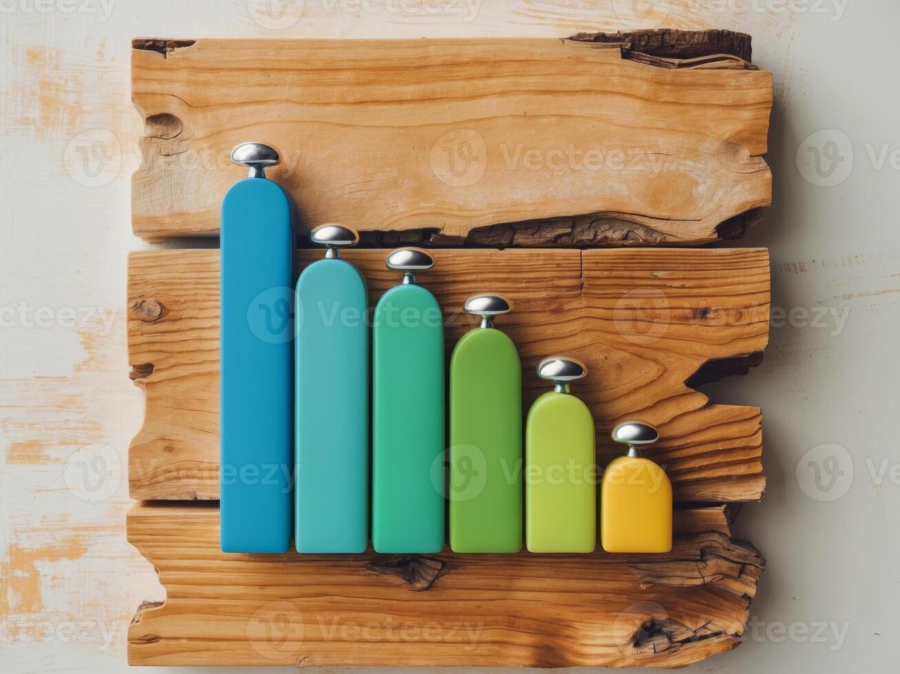Colorful bar charts showcasing steady business growth depicted on a wooden surface. photo