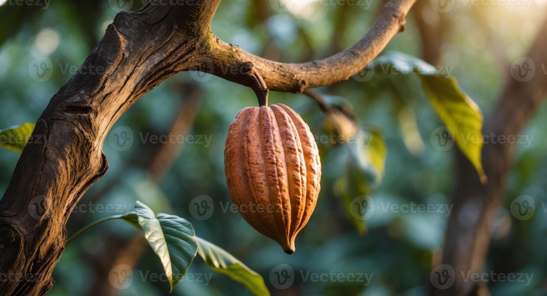 Cocoa pod growing on tree branch in natural sunlight highlighting the rich textures and vibrant foliage of a cocoa plantation. photo