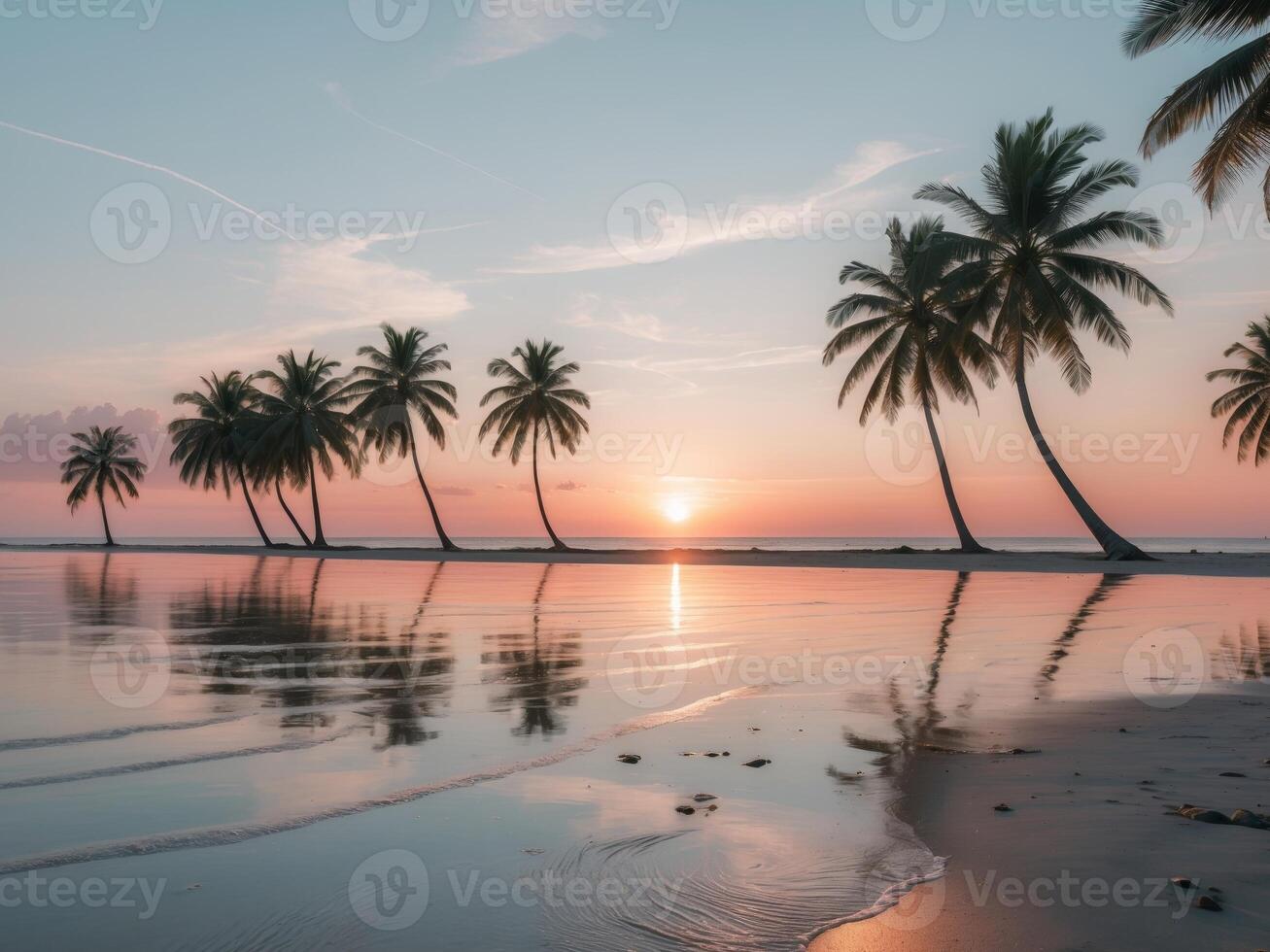 Sunset at a serene beach with palm trees reflecting golden hues on the water. photo