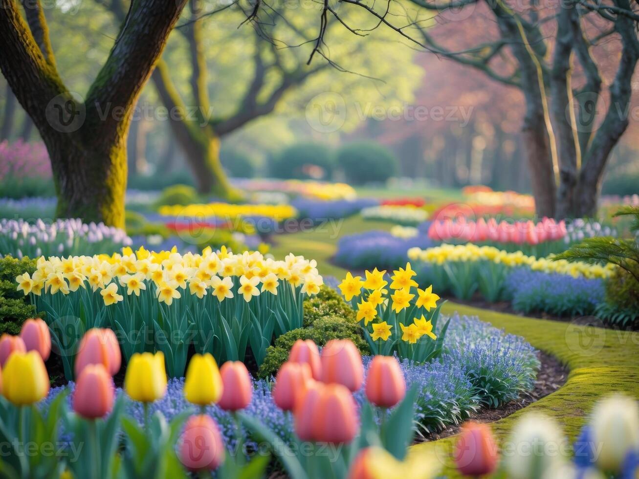 Vibrant Flower Garden with Colorful Blooms and Lush Green Pathway in Spring photo
