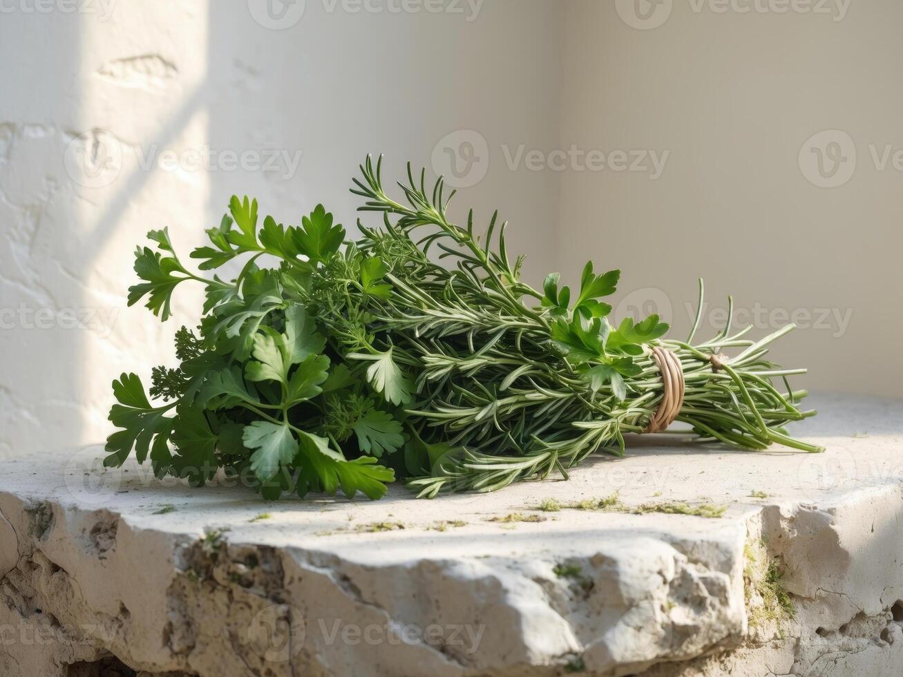 Fresh Herb Bundle on Natural Stone Surface. photo