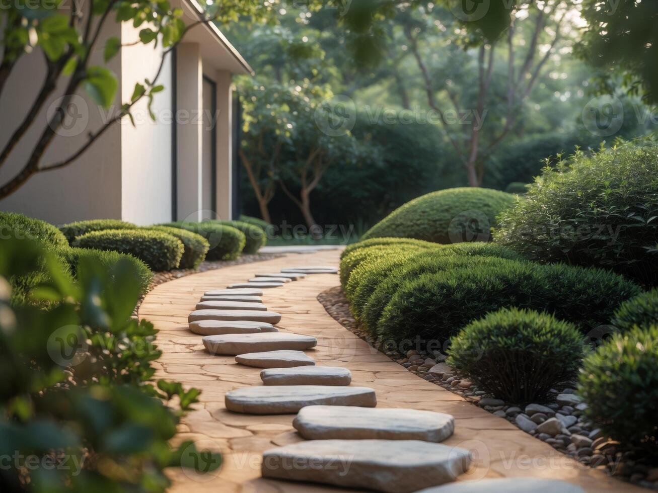 a modern house with a stone pathway leading to it. photo