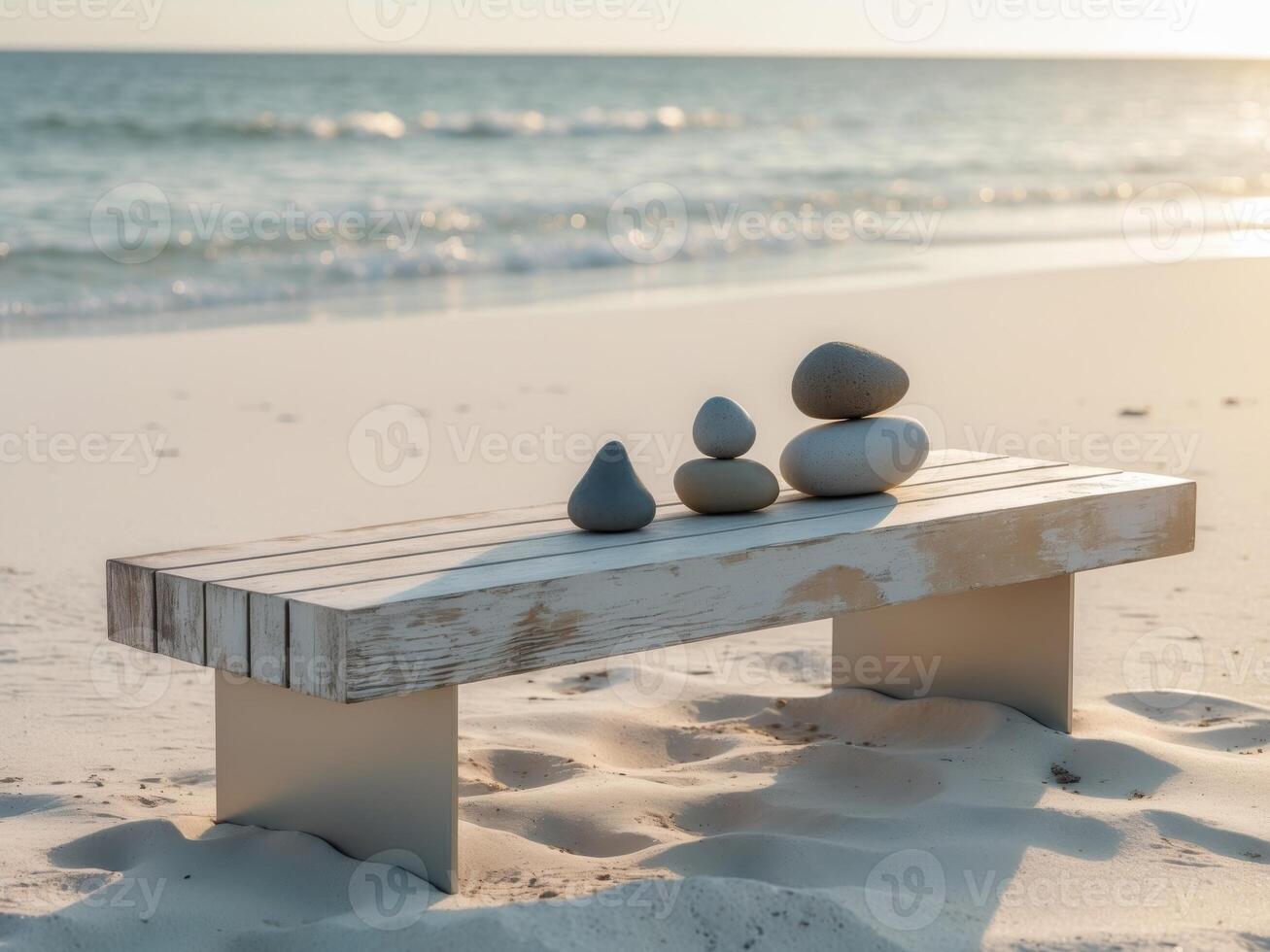 Elegant Wooden Bench with Balanced Stones on Serene Beach in Soft Natural Light. photo